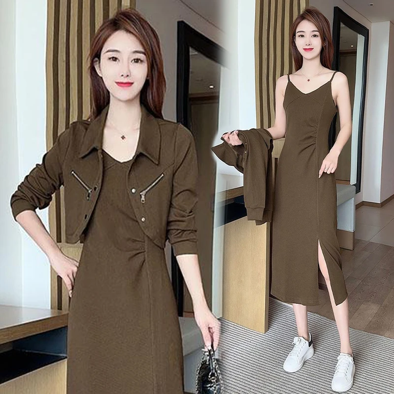 长袖短外套褶皱开叉吊带裙套装女2025年秋季新款洋气连衣裙两件套