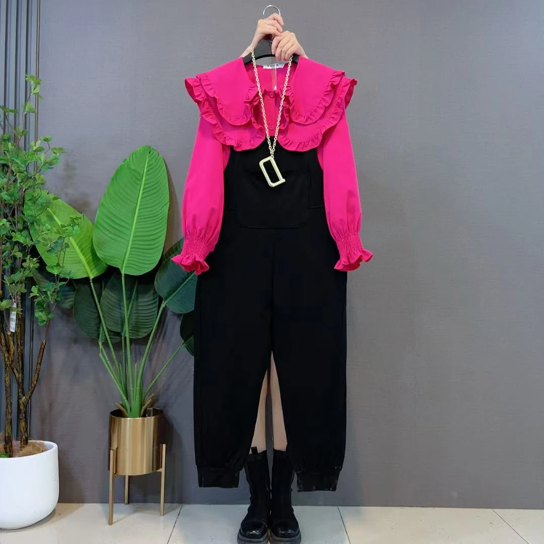 欧货时尚百搭韩版宽松减龄洋气背带裤子➕娃娃领衬衫时尚套装