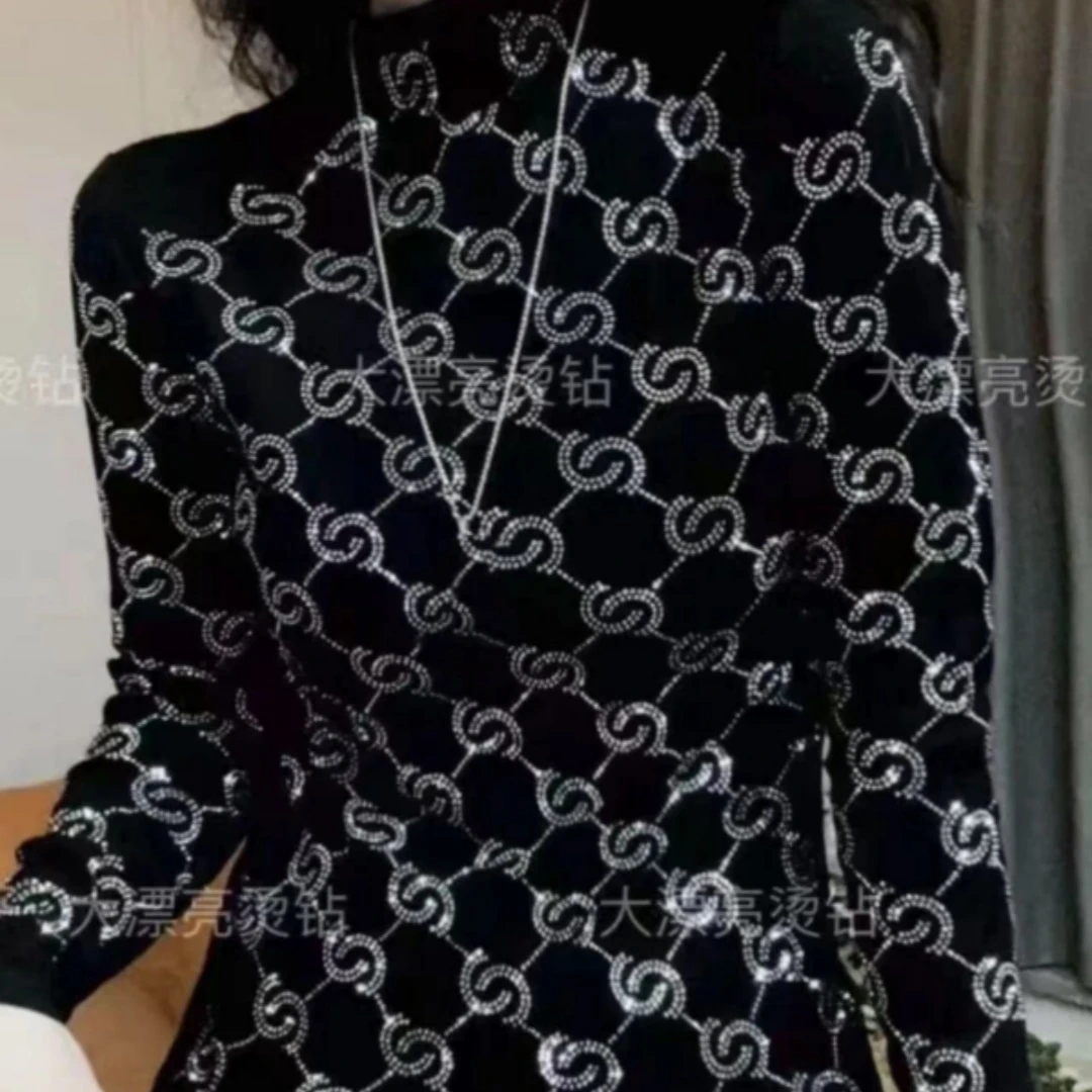 【02新花加绒】半高领打底衫女内搭秋冬新款时尚烫钻上衣修身显瘦