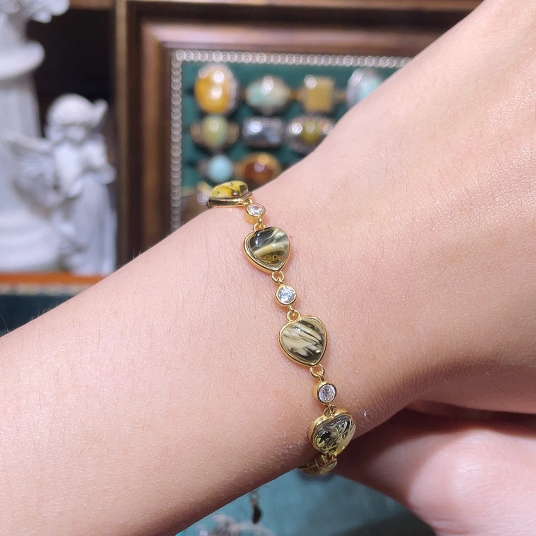 琥珀银S925镀金镶嵌手链