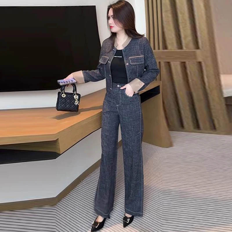 拉夏贝尔时尚牛仔套装女士2025年春秋季新款短款外套阔腿裤两件套