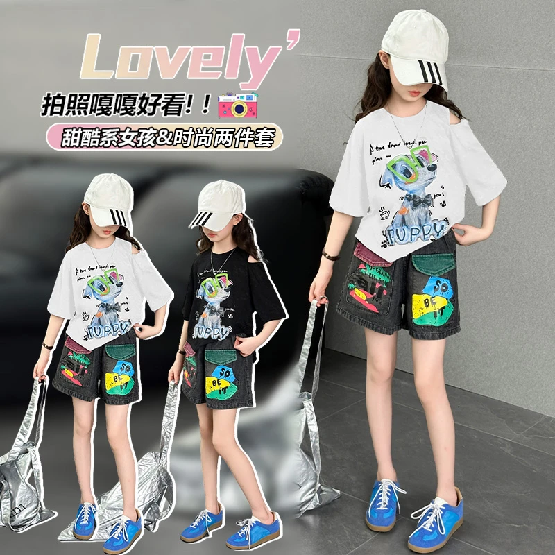 女童夏季时尚洋气卡通印花套装中大童2025新款时夏装儿童款两件套