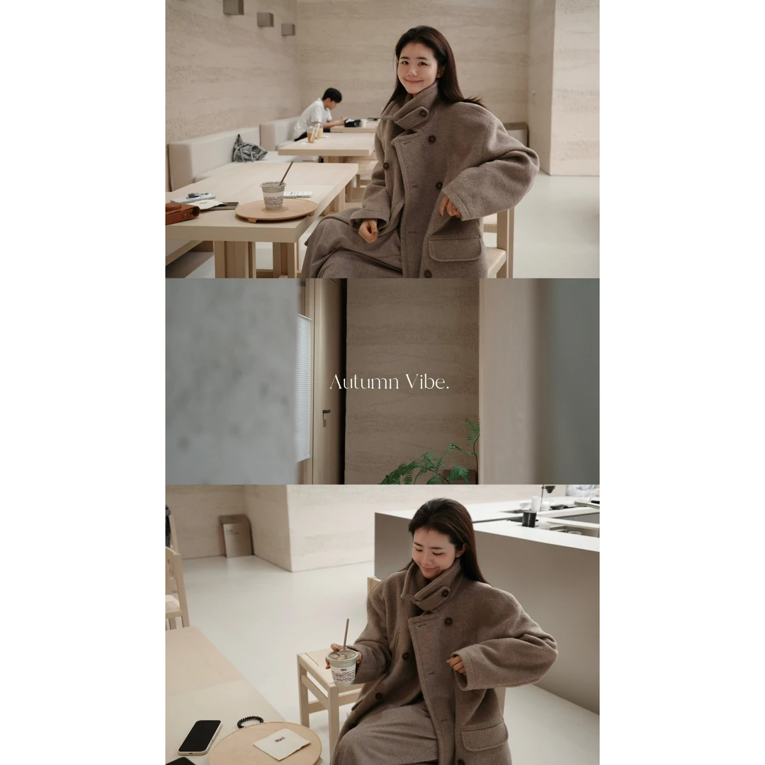 『PEACHZHOU』羊毛混纺双排扣中长款大衣宽松立领大气利落毛呢外套