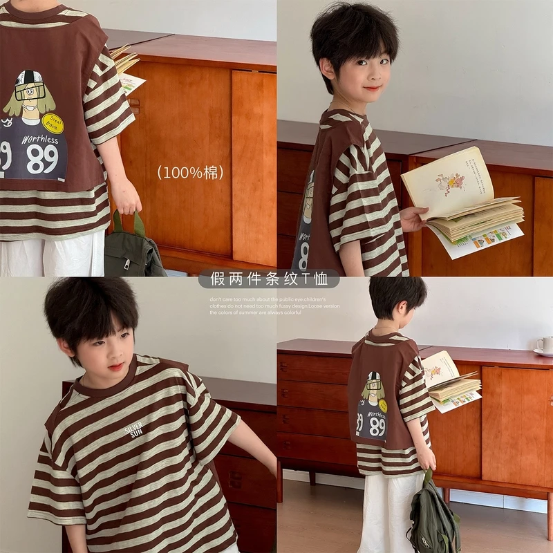 虾酱麻麻男童短袖t恤夏装2025新款条纹上衣假两件卡通儿童装体恤