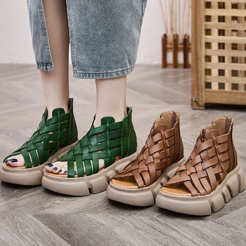 厚底鱼嘴鞋2025新款夏季手工编织高跟短靴真皮高帮女士妈妈凉鞋子