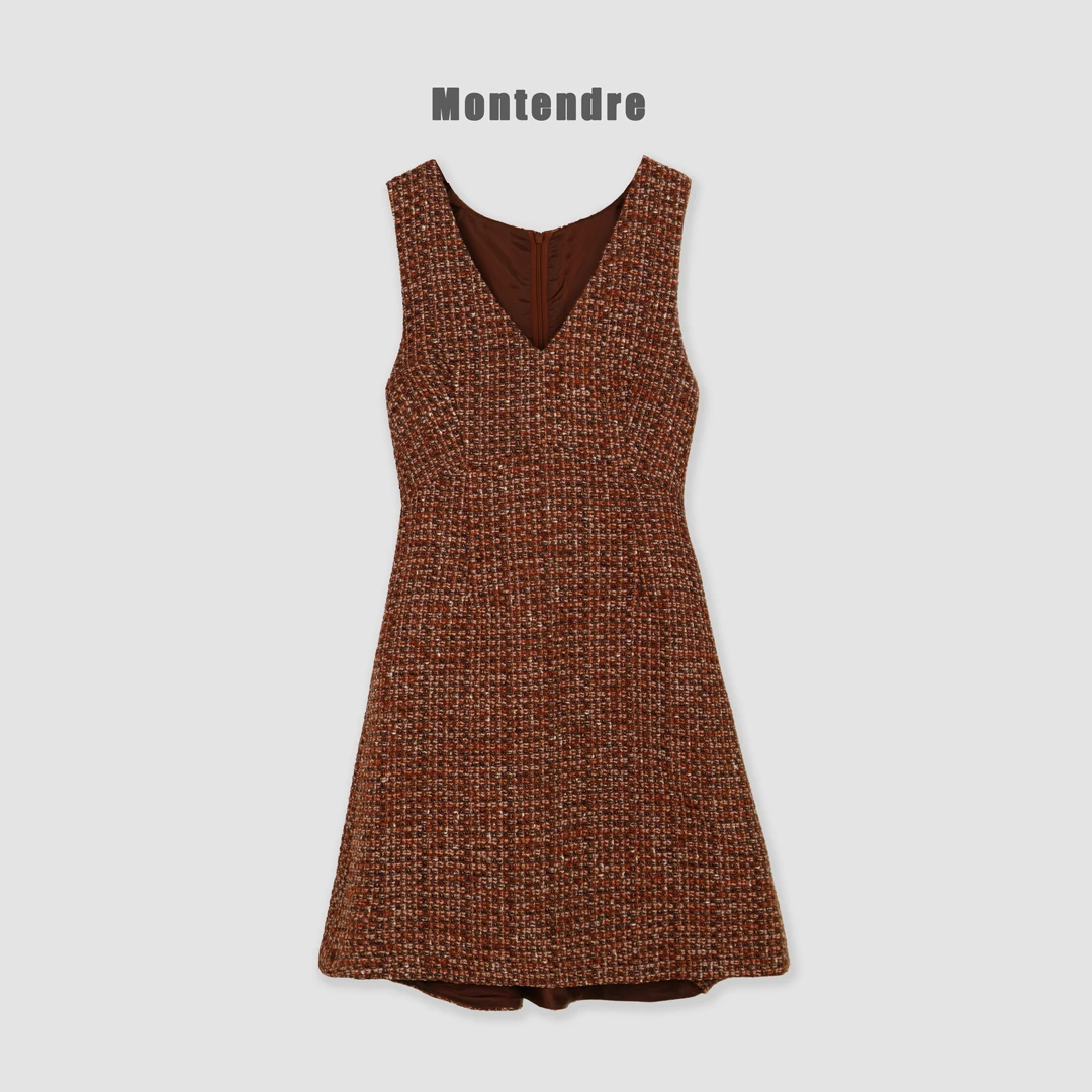 【MonTendre】秋季新款 时尚A字裙V领格纹显瘦连衣裙设计师小香风裙