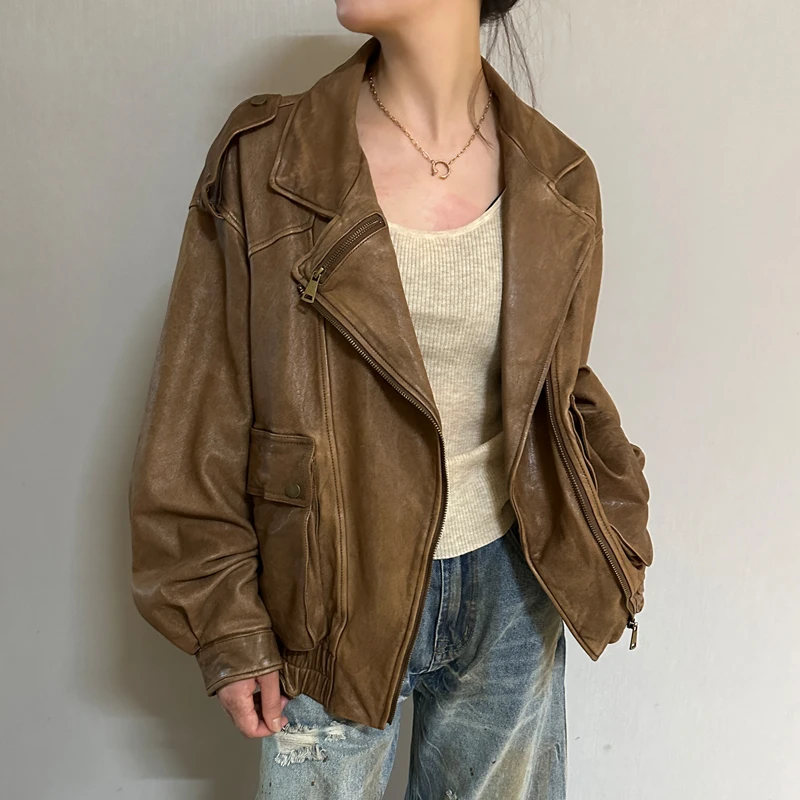 韩版 2025秋新款绵羊皮重工复古宽松版机车夹克女士宽松版外套潮