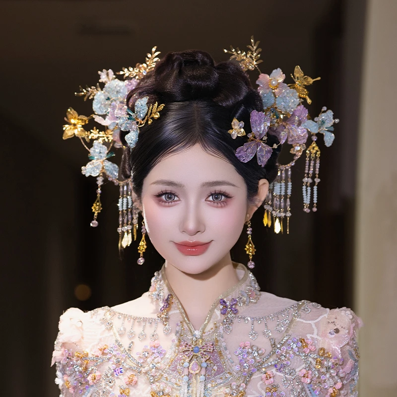 合金婚庆饰品 新娘中式减龄蓝色花朵发簪秀禾龙凤褂旗袍配饰D0471