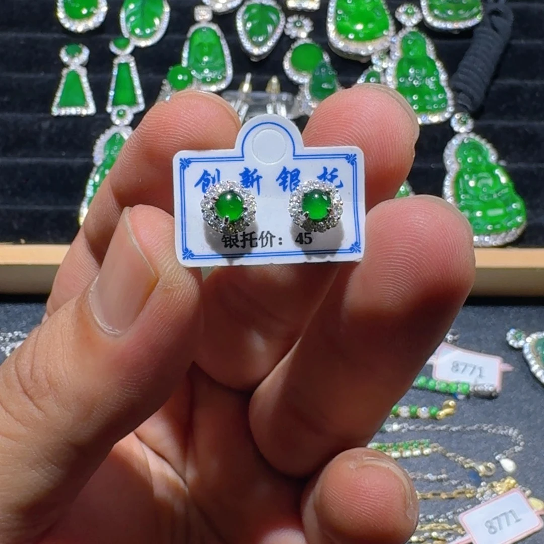 翡翠银S925镶嵌耳饰天然A货翡翠