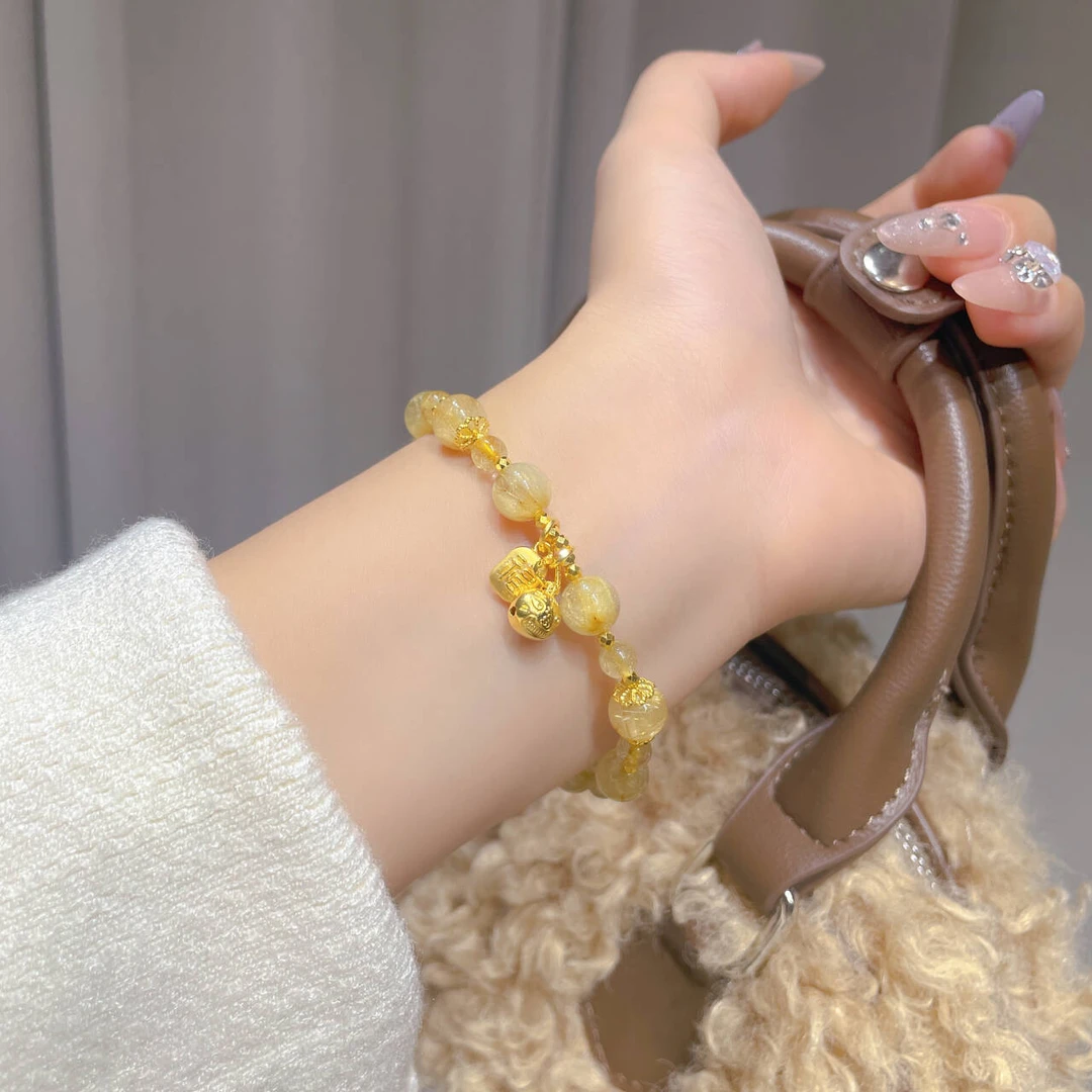 瑞诺黄金招财吞金兽金发.晶手链足金999福牌手串气质生日小众礼物