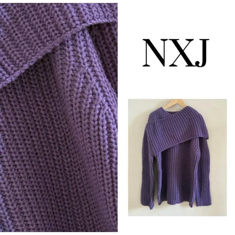 NXJ【纸片人紫】微胖大码 小众假两件坑条宽松大版毛衣  250949