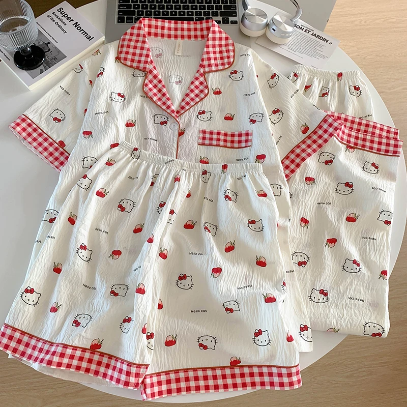 【红格KT猫】可爱HelloKitty甜美睡衣女夏季短袖短裤三件套装家居服