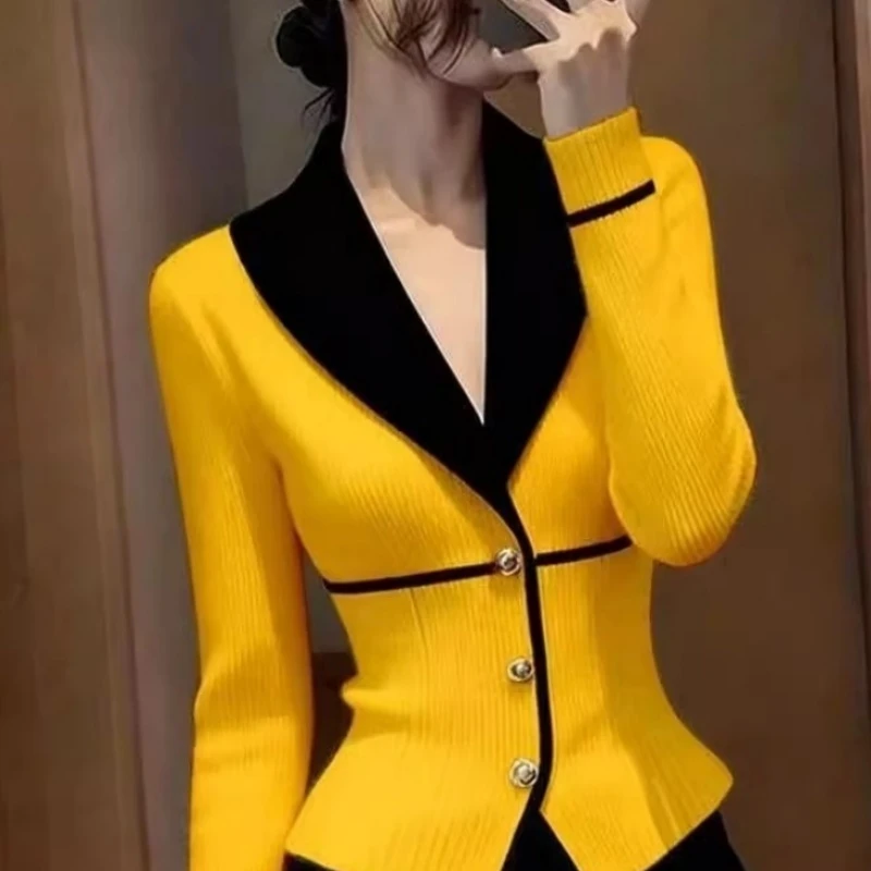 小众不撞款气质撞色拼接针织衫女装秋季新款掐腰显瘦时尚气质上衣