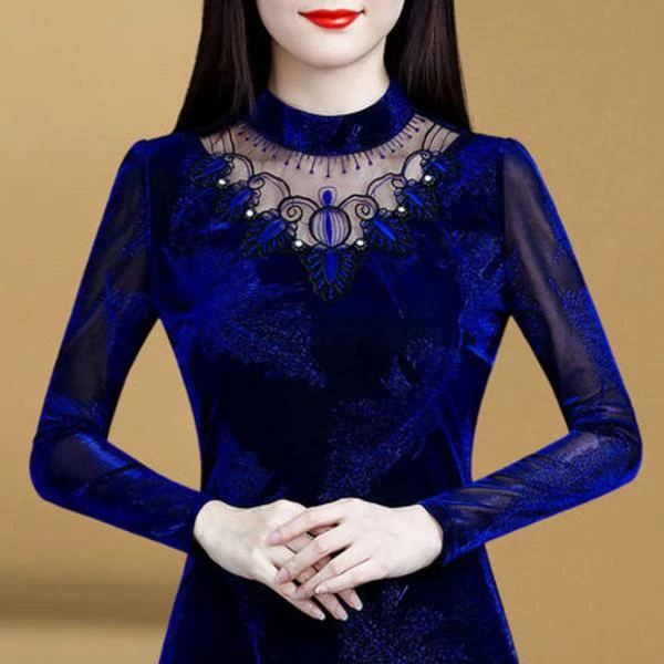 841 新款加绒打底衫女春秋长袖网纱拼接气质小衫内搭上衣女