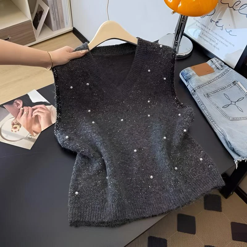 【玲子现货】 欧货v领重工珍珠马甲女上衣女