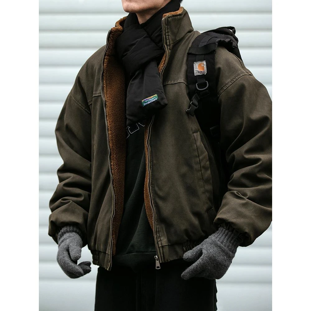 重工水洗做旧软糯亲肤羊羔绒棉服外套男冬季加厚保暖防风立领棉衣