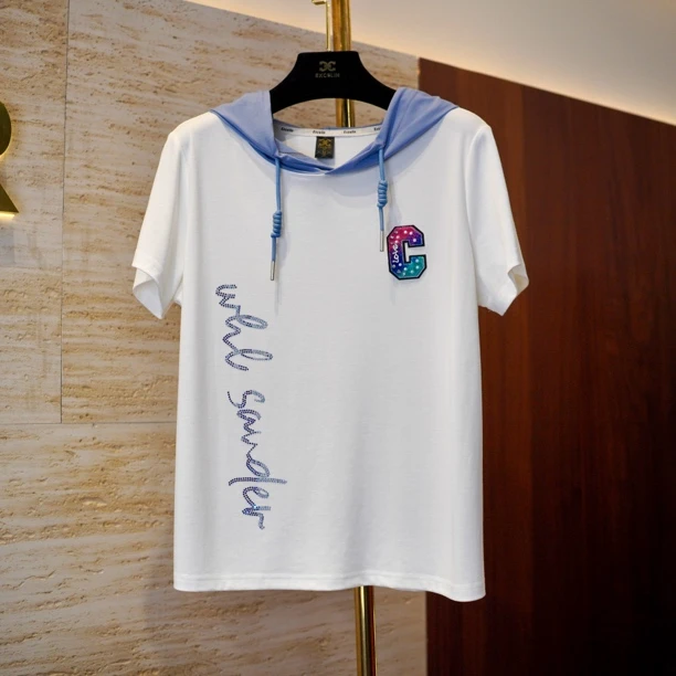 【蓝白C运动风短袖帽衫】夏季新款洋气穿搭女式T恤减龄显瘦出行上衣