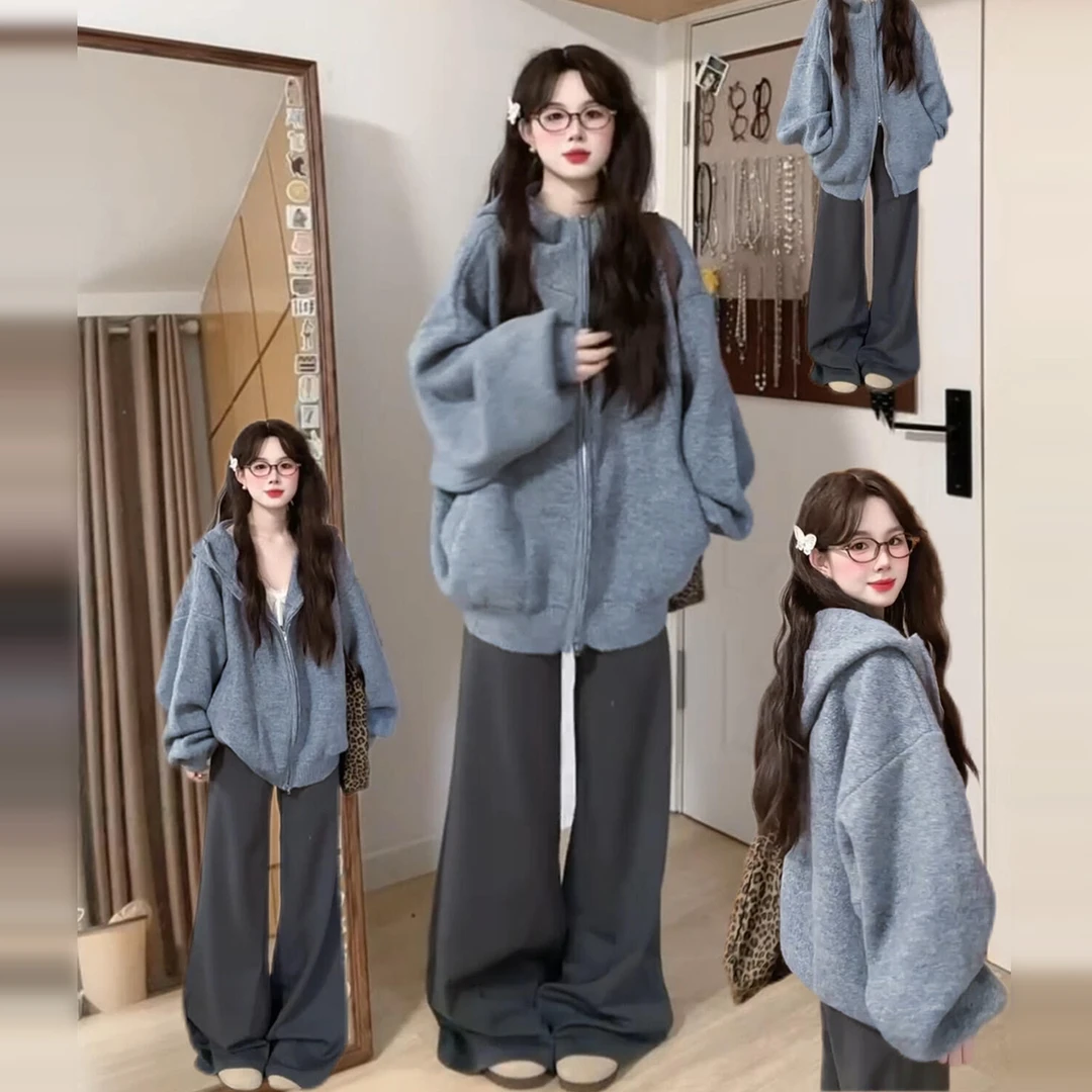 高级感灰色连帽毛衣外套女2026秋冬季新款慵懒风加厚针织开衫上衣