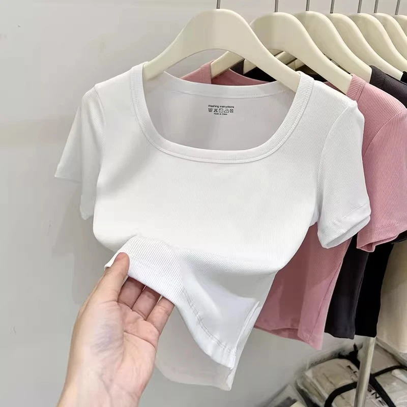 时尚u领短袖t恤女款夏季2025新款休闲百搭设计感修身显瘦上衣小衫