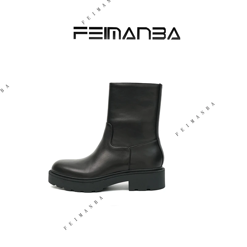 FEIMANBA 胎牛皮厚底女士切尔西靴中筒靴