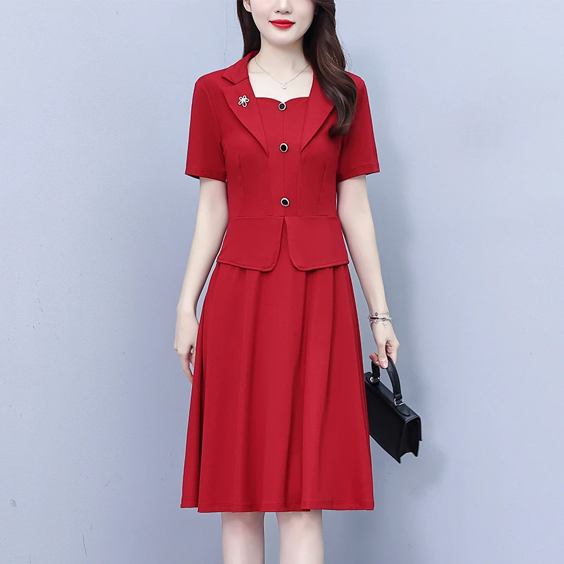假两件短袖连衣裙女2025夏季新款时尚气质收腰显瘦中长款字裙子