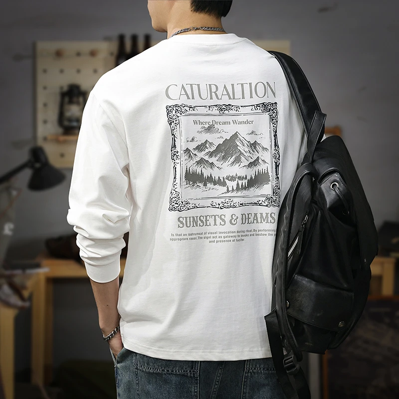 MR.MUDI/穆迪先生纯棉印花长袖T恤男秋季新款宽松大码休闲打底衫