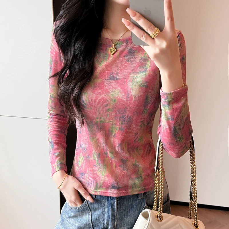 2025年秋季新款圆领植物印花时尚长袖潮百搭舒适T恤洋气别致上衣