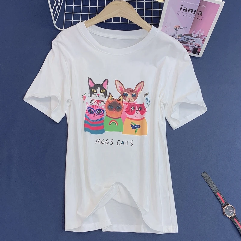 【9008-5只小猫】H2024夏装宽松休闲白色棉日系短袖t恤港风上衣女