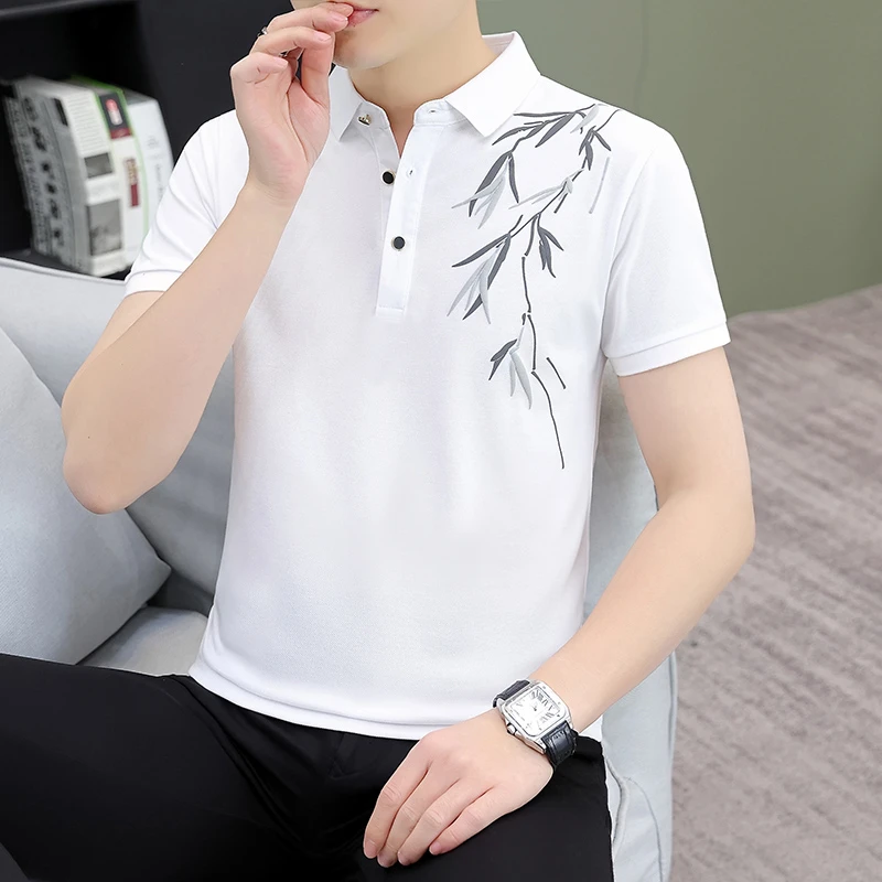 高级感男装短袖polo衫男士国风印花珠地棉潮流时尚翻领夏半袖简约