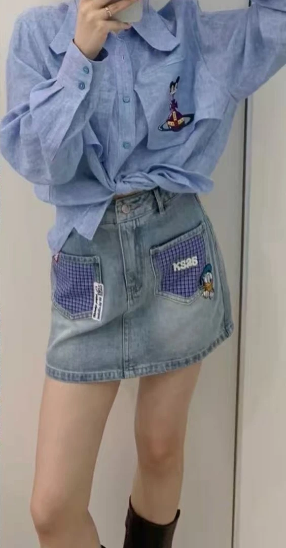 Manmi  卡通贴标刺绣口袋设计款牛仔短裙  89160（K2）