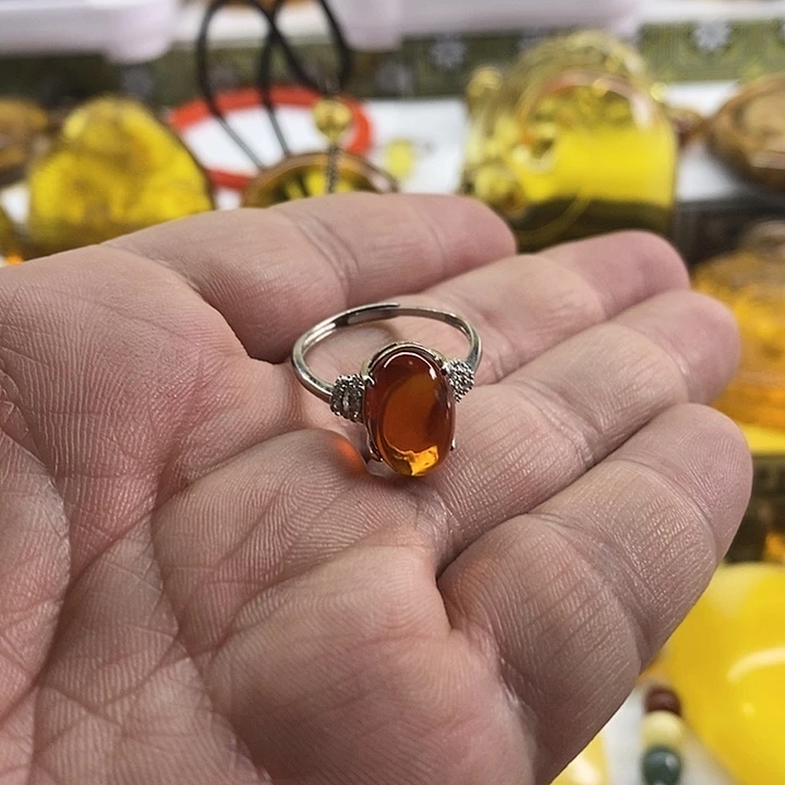 血珀裸石银S925镶嵌戒指