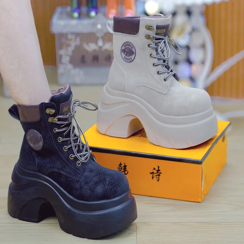 9cm小个子厚底马丁靴女2025秋季系带百搭增高休闲短靴