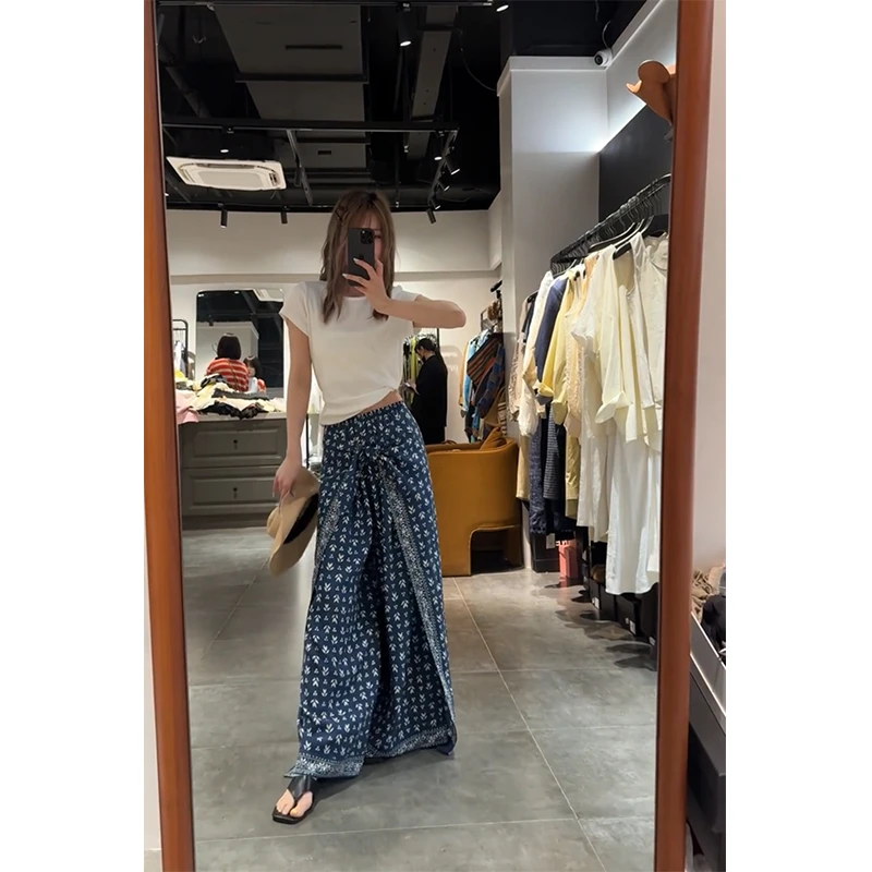 慵懒风藏蓝色碎花裙裤阔腿裤子女夏季2025新款简约百搭短袖T恤