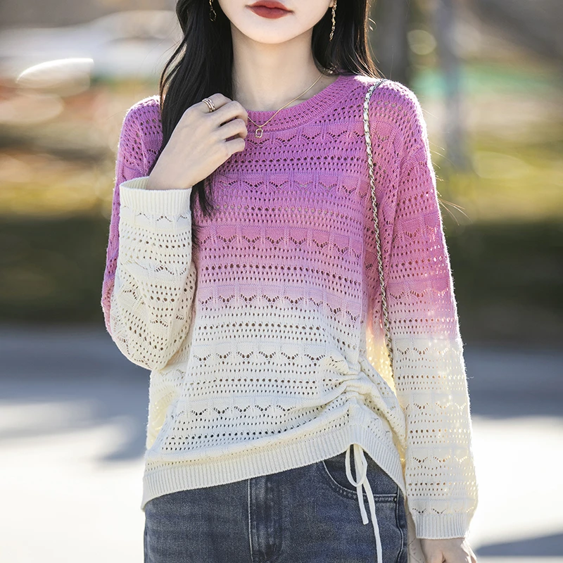 2025春秋新款间染抽绳镂空长袖针织衫女时尚独特别致提花薄款上衣