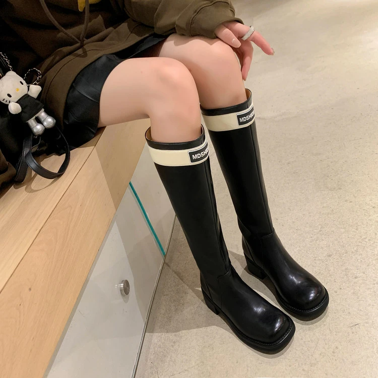 5cm【牛皮】 新款平口粗跟厚底长筒靴百搭时装靴韩版女秋冬单/绒里