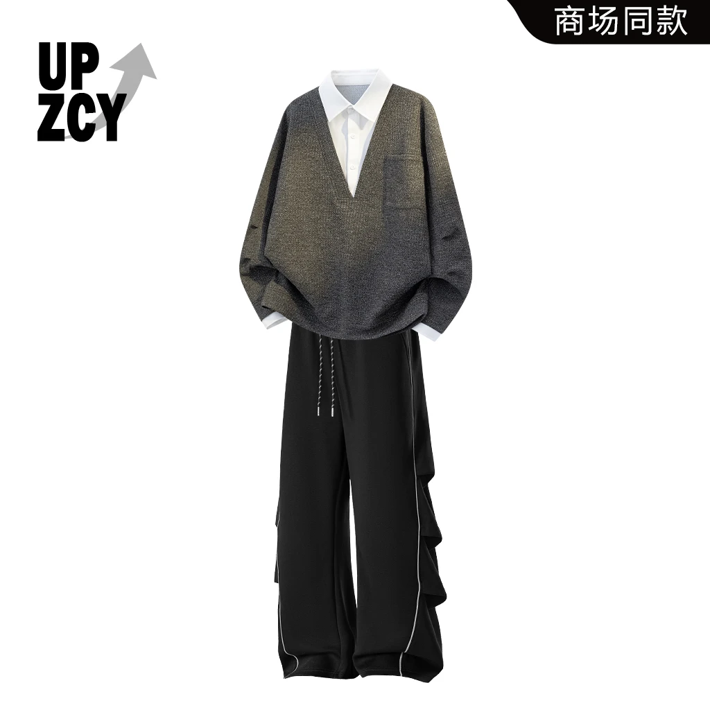 UPZCY美式街头潮流V领假两件卫衣套装2025秋冬新款时尚休闲两件套
