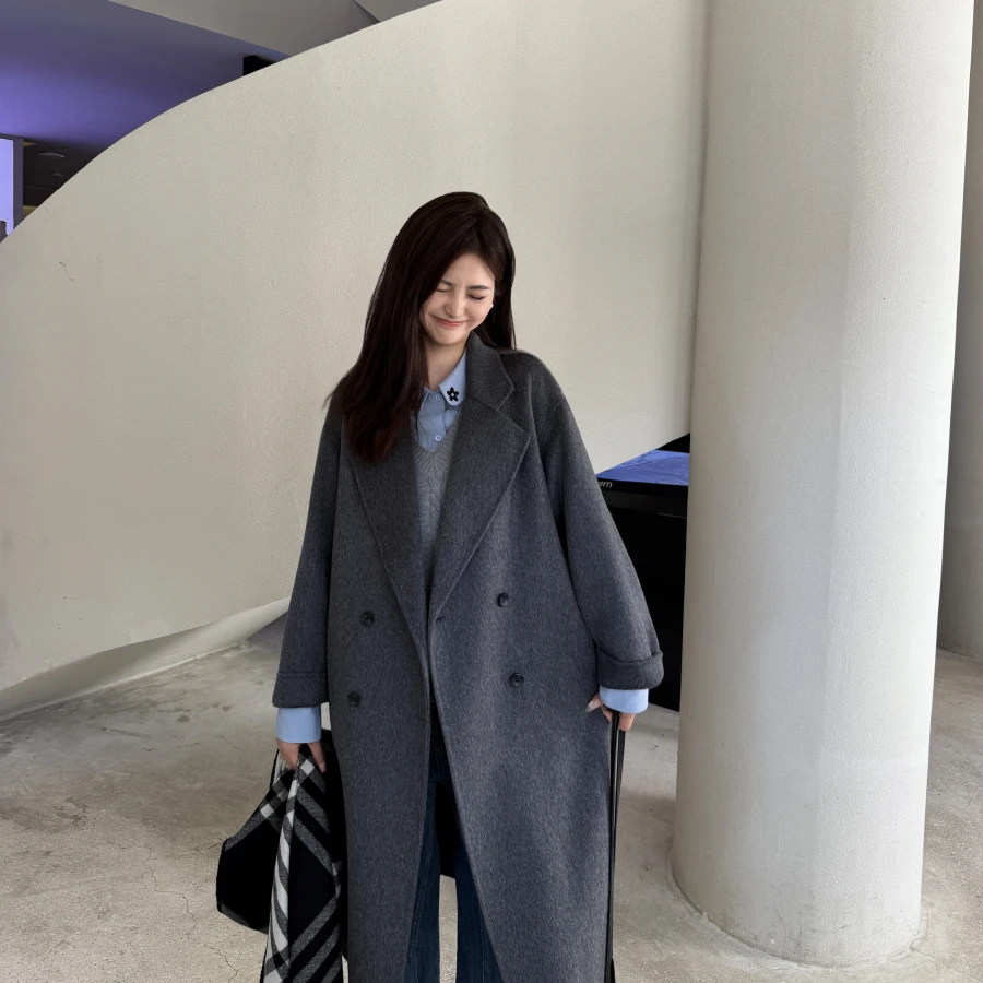 伊迪卡羊毛大衣韩系宽松戗驳领秋冬小个子中长款双面毛呢外套H