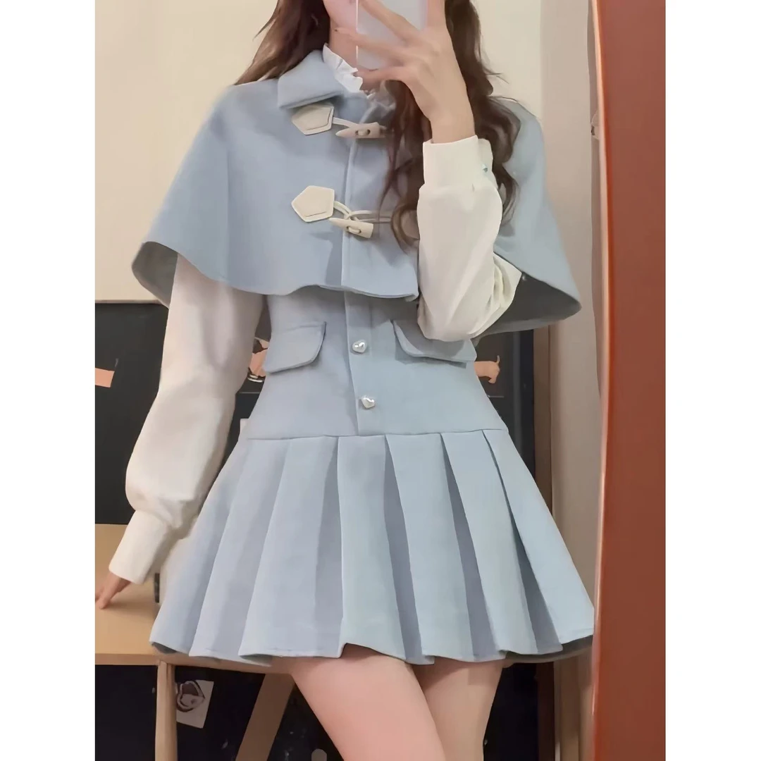 蓝白月光套装女秋冬季小个子韩系甜美气质千金感假两件连衣裙8158