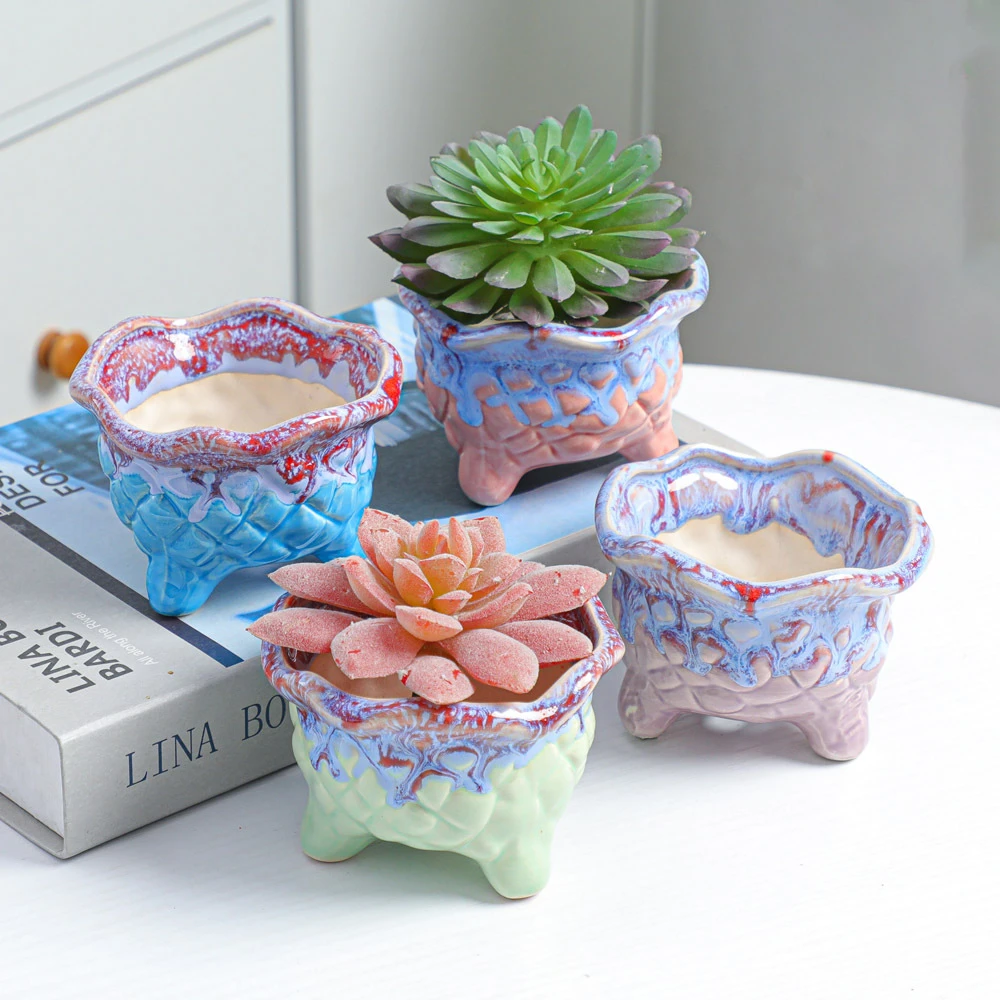 奶油流釉多肉花盆园艺盆景盆栽花盆桌面创意组合圆形透气花盆
