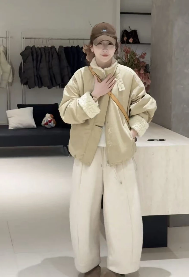 短外套加绒保暖立领棉衣长袖ins棉服简约加绒加厚款韩版宽松