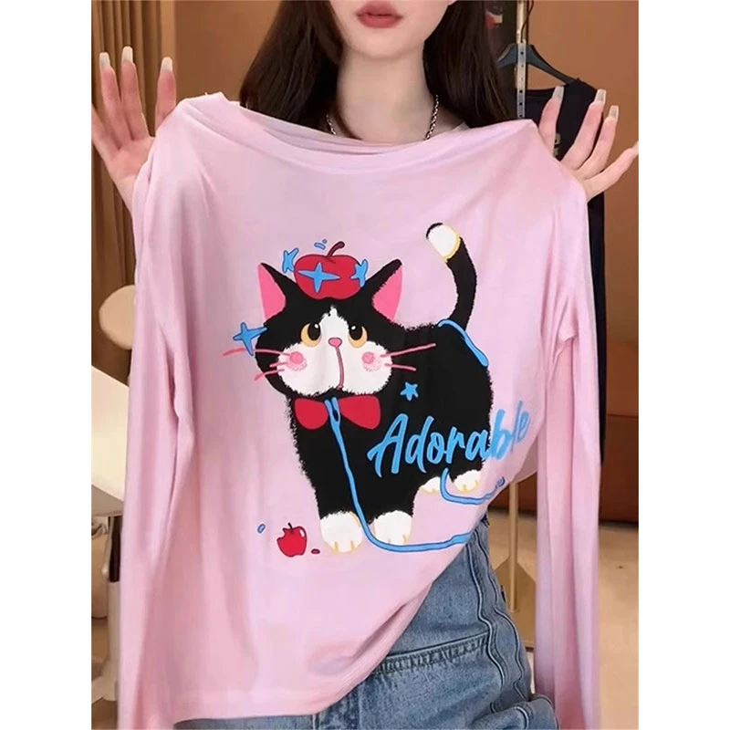 【无忧购】粉色甜美猫咪印花长袖T恤2025夏宽松显瘦百搭薄款上衣女