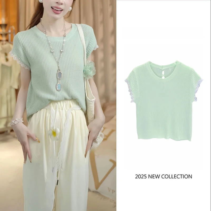 【蕾边艺术】夏季蕾丝拼接袖口针织T恤百搭减龄休闲薄款上衣洋气女