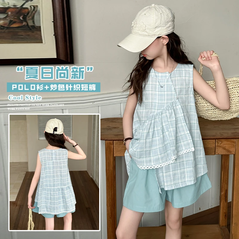 女童夏装套装超好看2025新款儿童设计感中大童夏娃娃衫短裤两件套