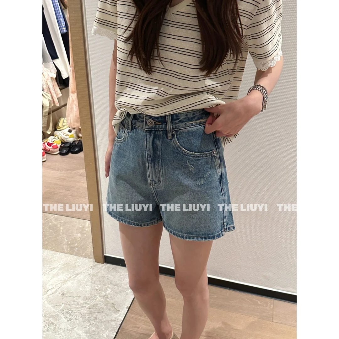 【LIUYI】长腿比例~夏季显瘦高腰磨破做旧A字牛仔短裤54112