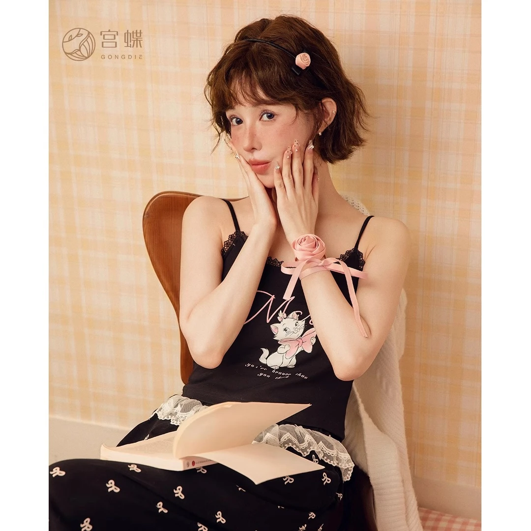 宫蝶【凉感型】迪士尼玛丽猫夏季睡衣女纯棉吊带长裤家居服带胸垫