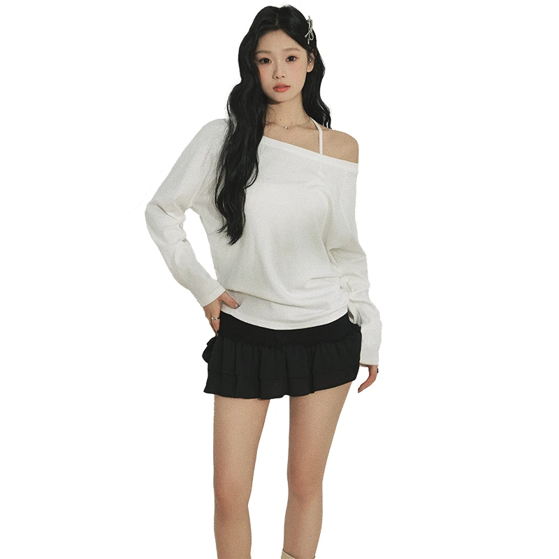 2025秋装辣妹一字露肩长袖恤女春款女装慵懒风宽松设计感纯色上衣