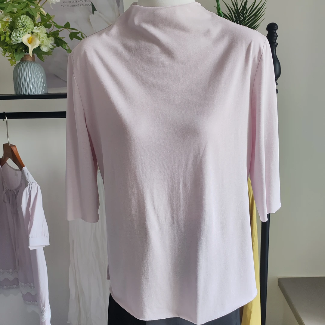 紫色夏季大码女装中袖上衣显瘦修身棉麻莱赛尔