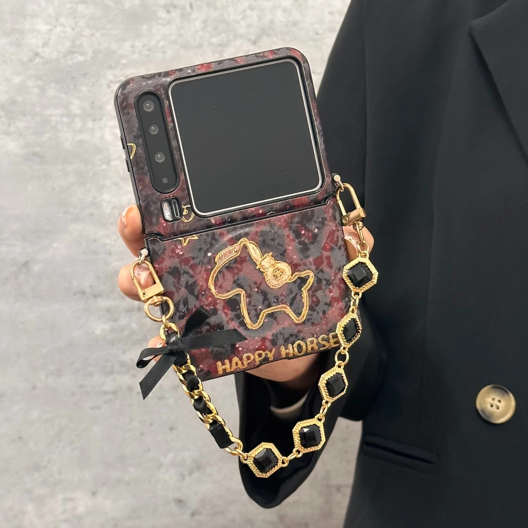 适用华为purax手机壳磁吸mixflip2斜挎pocket2女棕色豹纹烫金小马