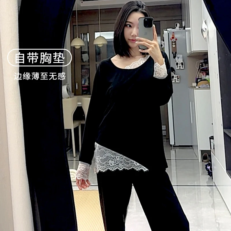 性感蕾丝带胸垫莫代尔长袖睡衣家居服套装春秋薄款纯欲风套装