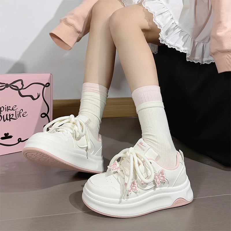 回力粉色蝴蝶小白鞋女2025新款爆款韩版原创百搭板鞋厚底面包鞋女